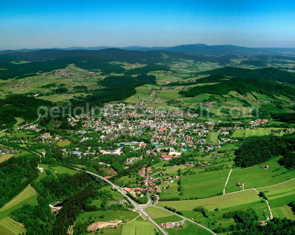 Aerial image Freyung - Surrounded by forest and forest areas center of the streets and houses and residential areas in Freyung in the state Bavaria, Germany