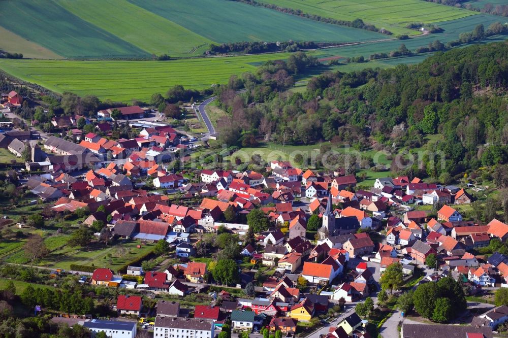 Großleinungen from above - Surrounded by forest and forest areas center of the streets and houses and residential areas in Grossleinungen in the state Saxony-Anhalt, Germany