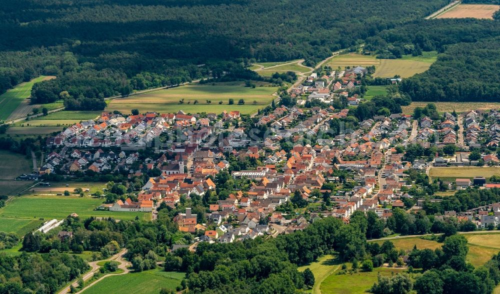Aerial photograph Hanhofen - Surrounded by forest and forest areas center of the streets and houses and residential areas in Hanhofen in the state Rhineland-Palatinate, Germany