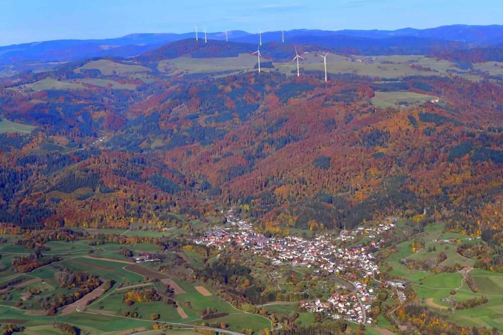 Hasel from the bird's eye view: Surrounded by forest and forest areas center of the streets and houses and residential areas in Hasel in the state Baden-Wuerttemberg, Germany