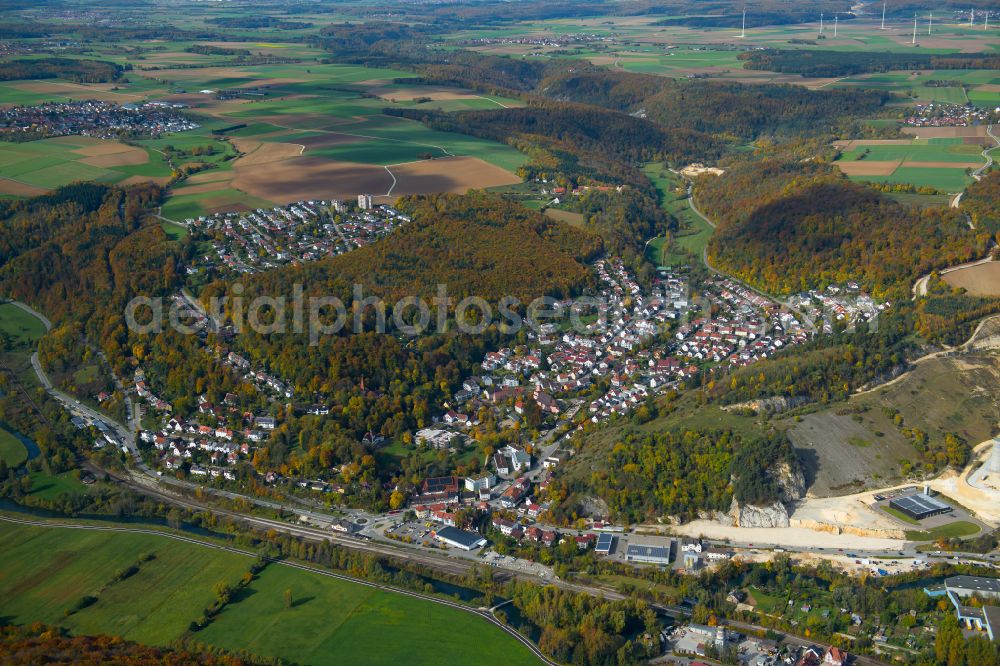Herrlingen from the bird's eye view: Surrounded by forest and forest areas center of the streets and houses and residential areas in Herrlingen in the state Baden-Wuerttemberg, Germany
