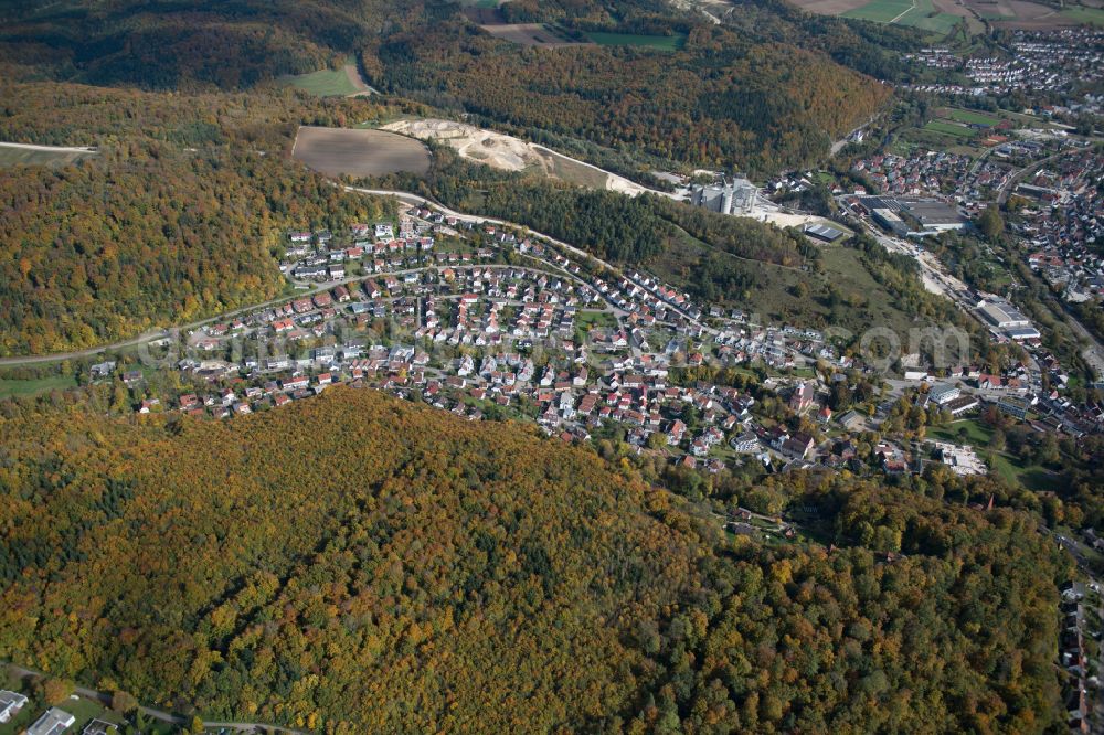 Aerial photograph Herrlingen - Surrounded by forest and forest areas center of the streets and houses and residential areas in Herrlingen in the state Baden-Wuerttemberg, Germany