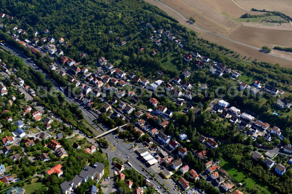 Hexenbruch from above - Surrounded by forest and forest areas center of the streets and houses and residential areas in Hexenbruch in the state Bavaria, Germany
