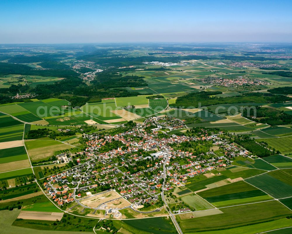 Hochdorf from the bird's eye view: Surrounded by forest and forest areas center of the streets and houses and residential areas in Hochdorf in the state Baden-Wuerttemberg, Germany
