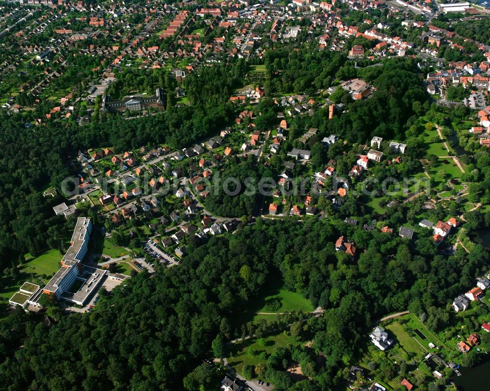 Mölln from above - Surrounded by forest and forest areas center of the streets and houses and residential areas in Mölln in the state Schleswig-Holstein, Germany