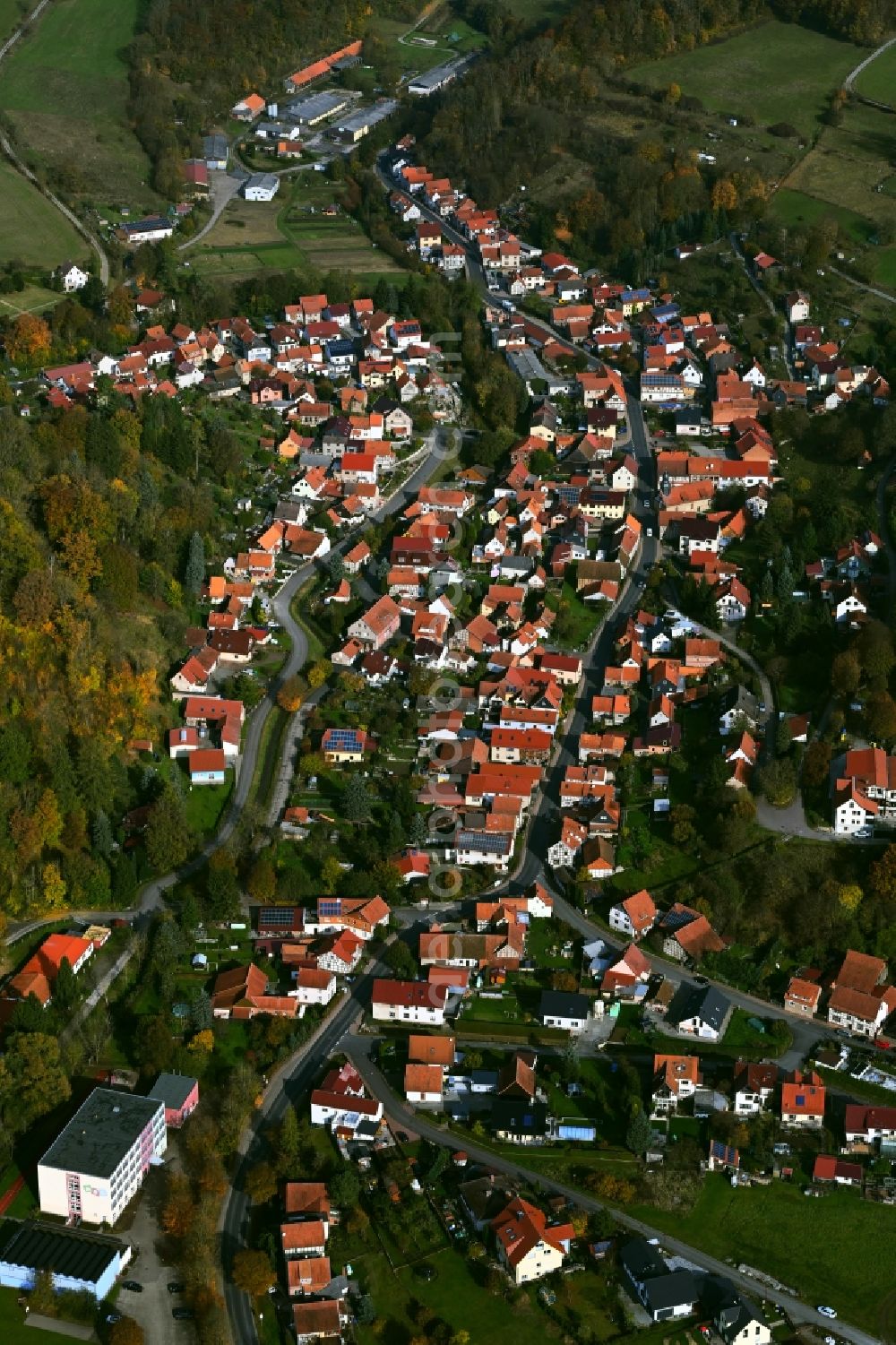 Aerial photograph Nazza - Surrounded by forest and forest areas center of the streets and houses and residential areas in Nazza in the state Thuringia, Germany