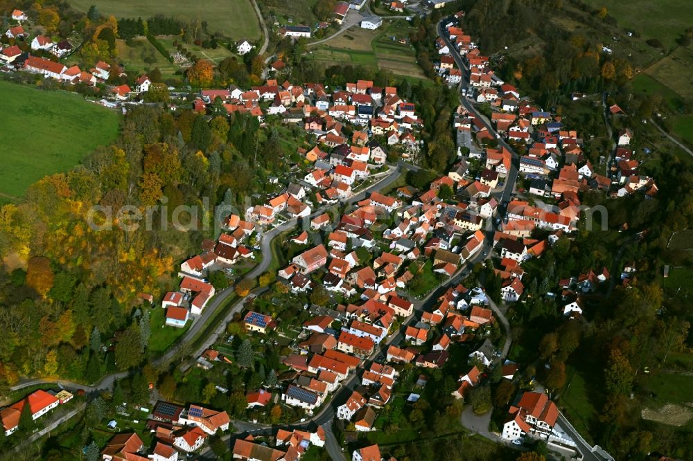 Nazza from the bird's eye view: Surrounded by forest and forest areas center of the streets and houses and residential areas in Nazza in the state Thuringia, Germany
