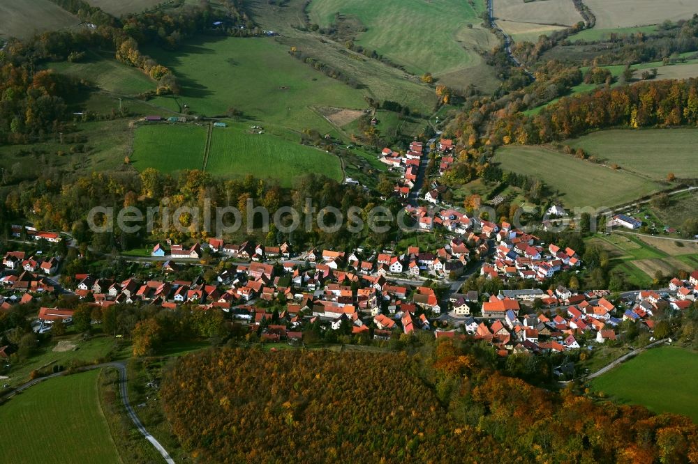 Nazza from above - Surrounded by forest and forest areas center of the streets and houses and residential areas in Nazza in the state Thuringia, Germany