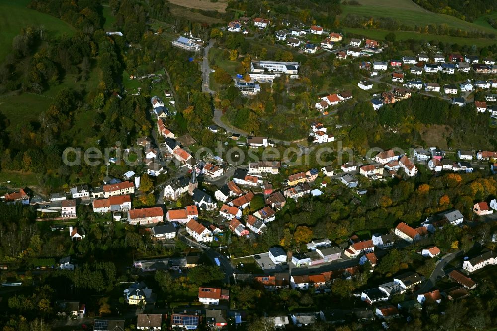 Aerial photograph Niederkirchen - Surrounded by forest and forest areas center of the streets and houses and residential areas in Niederkirchen in the state Saarland, Germany