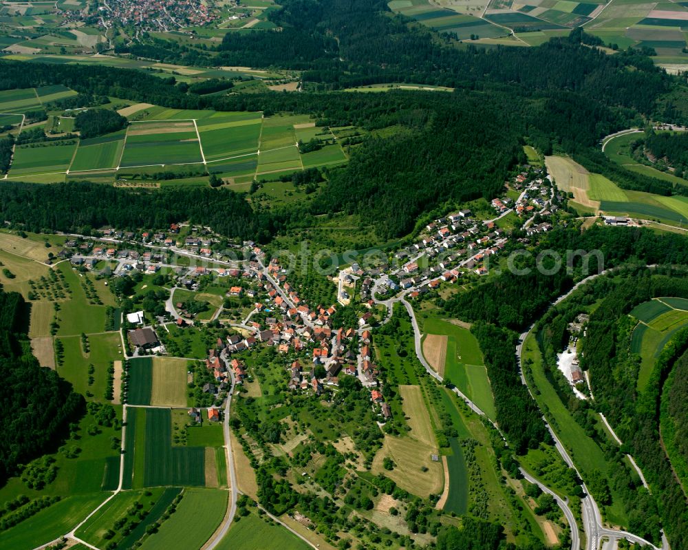 Aerial photograph Pfrondorf - Surrounded by forest and forest areas center of the streets and houses and residential areas in Pfrondorf in the state Baden-Wuerttemberg, Germany