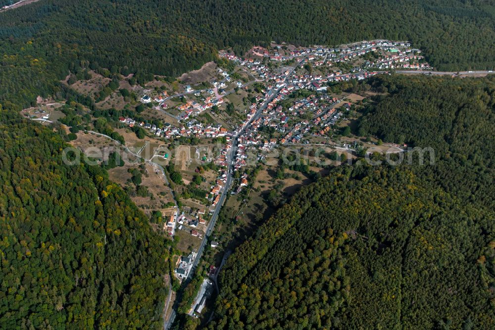 Aerial image Rechtenbach - Surrounded by forest and forest areas center of the streets and houses and residential areas in Rechtenbach in the state Bavaria, Germany