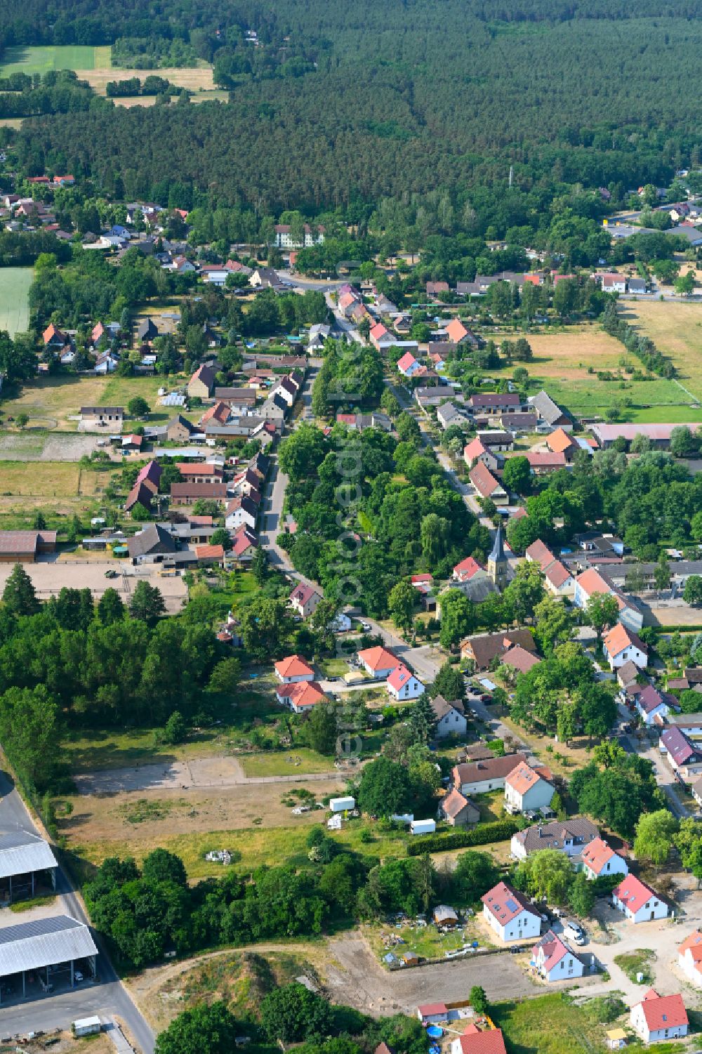 Schmachtenhagen from the bird's eye view: Surrounded by forest and forest areas center of the streets and houses and residential areas in Schmachtenhagen in the state Brandenburg, Germany