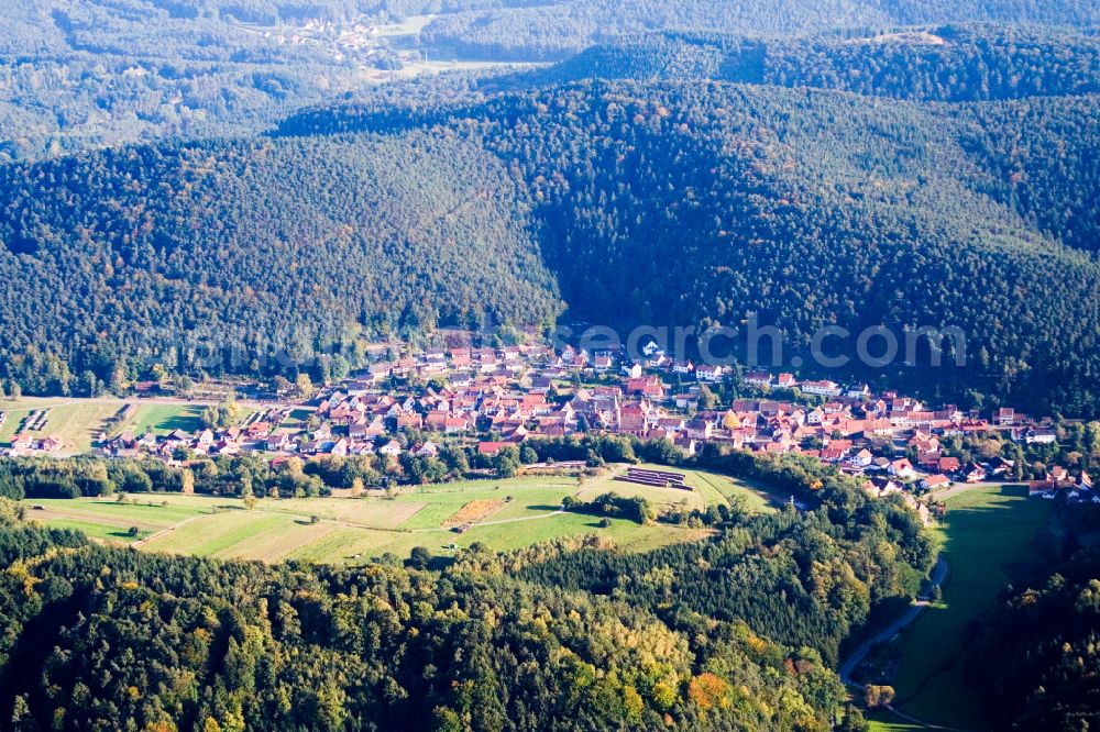 Vorderweidenthal from the bird's eye view: Surrounded by forest and forest areas center of the streets and houses and residential areas in Vorderweidenthal in the state Rhineland-Palatinate, Germany