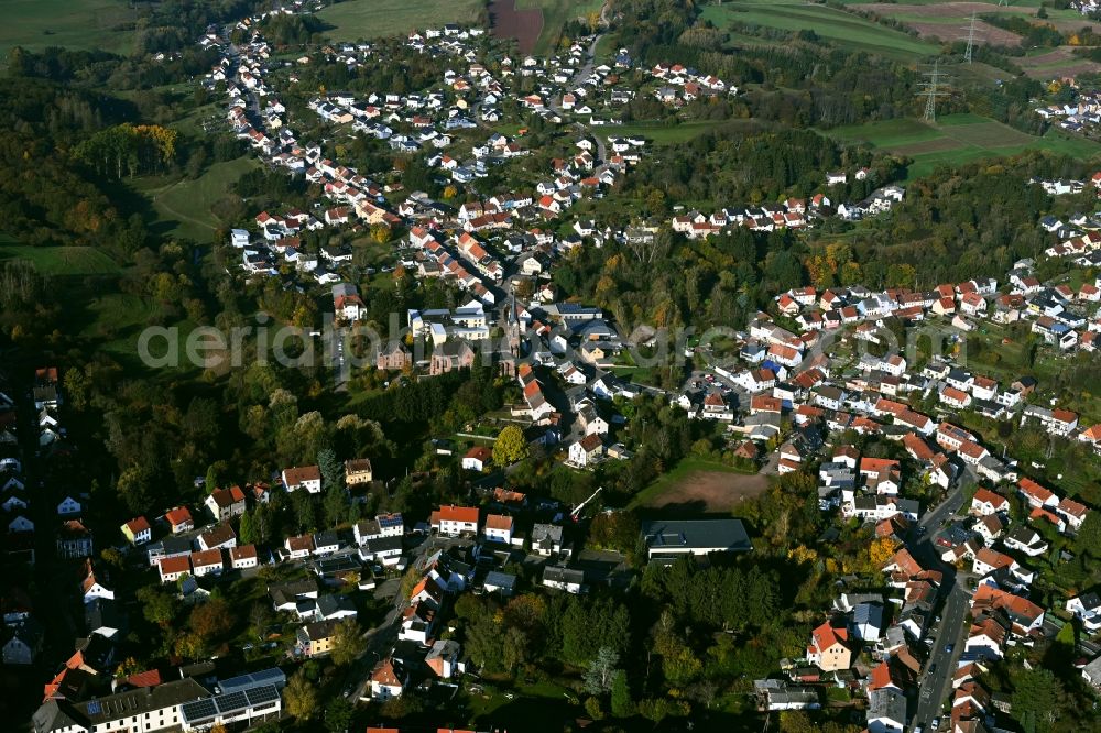 Wemmetsweiler from the bird's eye view: Surrounded by forest and forest areas center of the streets and houses and residential areas in Wemmetsweiler in the state Saarland, Germany