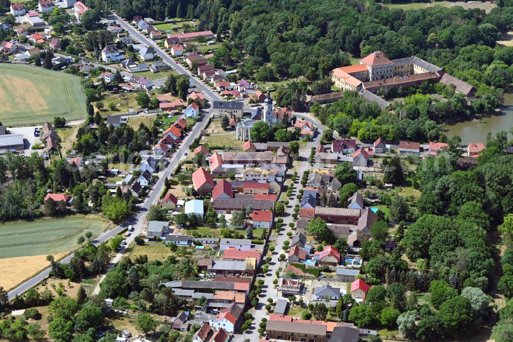Wölkau from the bird's eye view: Surrounded by forest and forest areas center of the streets and houses and residential areas in Woelkau in the state Saxony, Germany