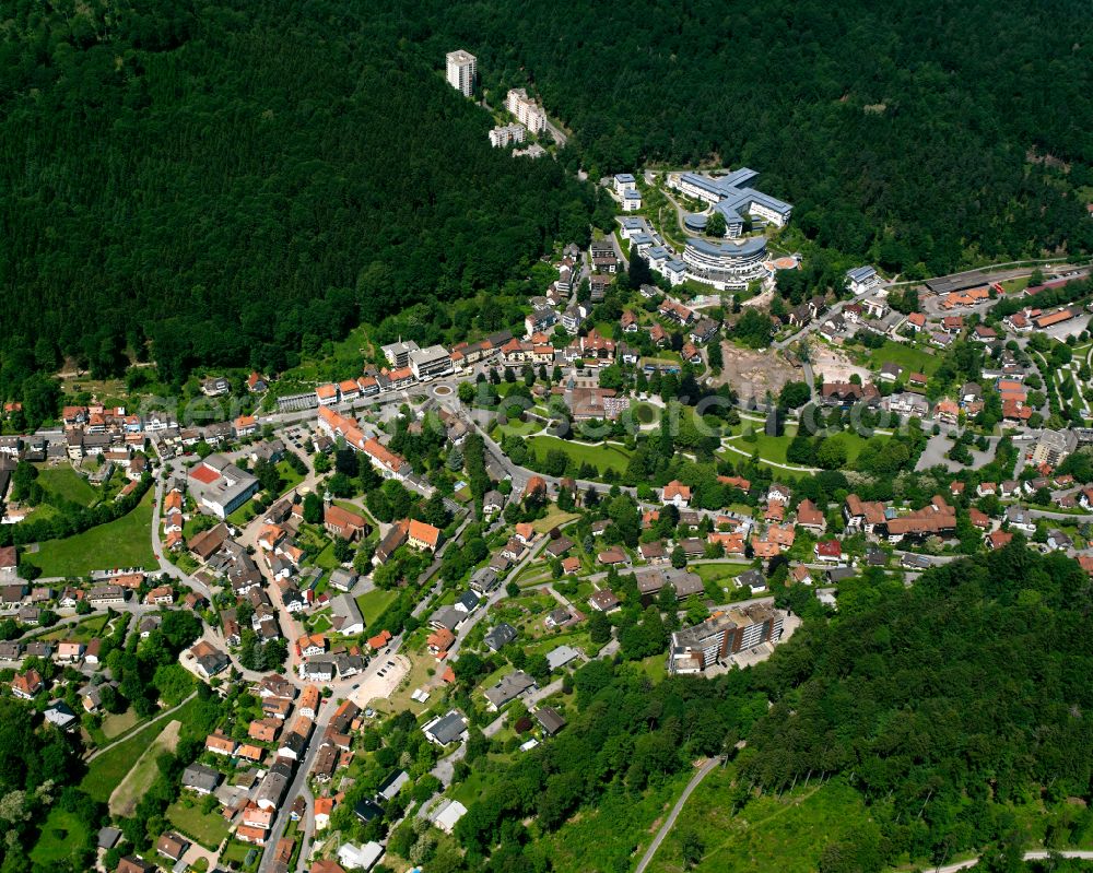 Bad Herrenalb from above - Urban area with outskirts and inner city area surrounded by woodland and forest areas in Bad Herrenalb at Schwarzwald in the state Baden-Wuerttemberg, Germany