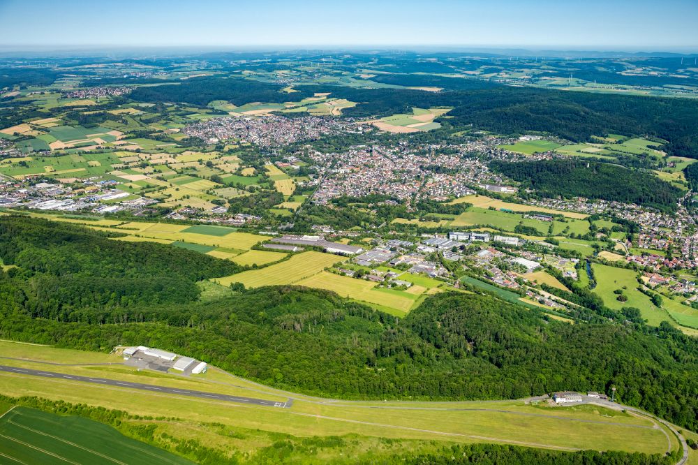 Bad Pyrmont from above - Urban area with outskirts and inner city area surrounded by woodland and forest areas in Bad Pyrmont in the state Lower Saxony, Germany