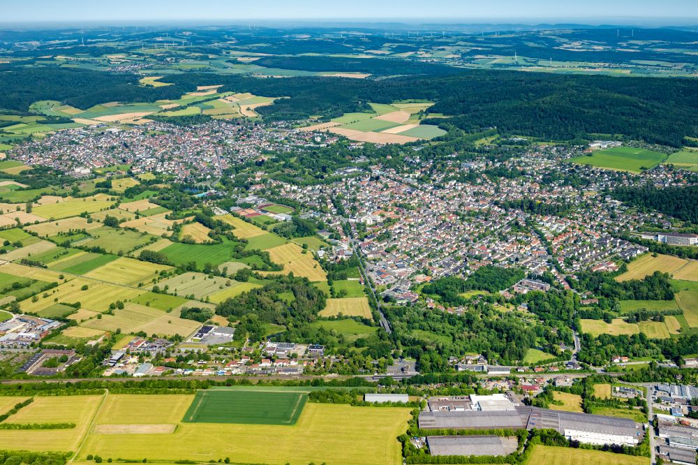 Bad Pyrmont from the bird's eye view: Urban area with outskirts and inner city area surrounded by woodland and forest areas in Bad Pyrmont in the state Lower Saxony, Germany