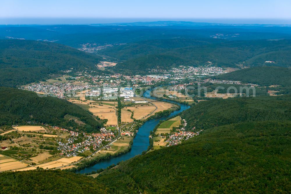 Lohr am Main from the bird's eye view: Urban area with outskirts and inner city area surrounded by woodland and forest areas in Lohr am Main in the state Bavaria, Germany