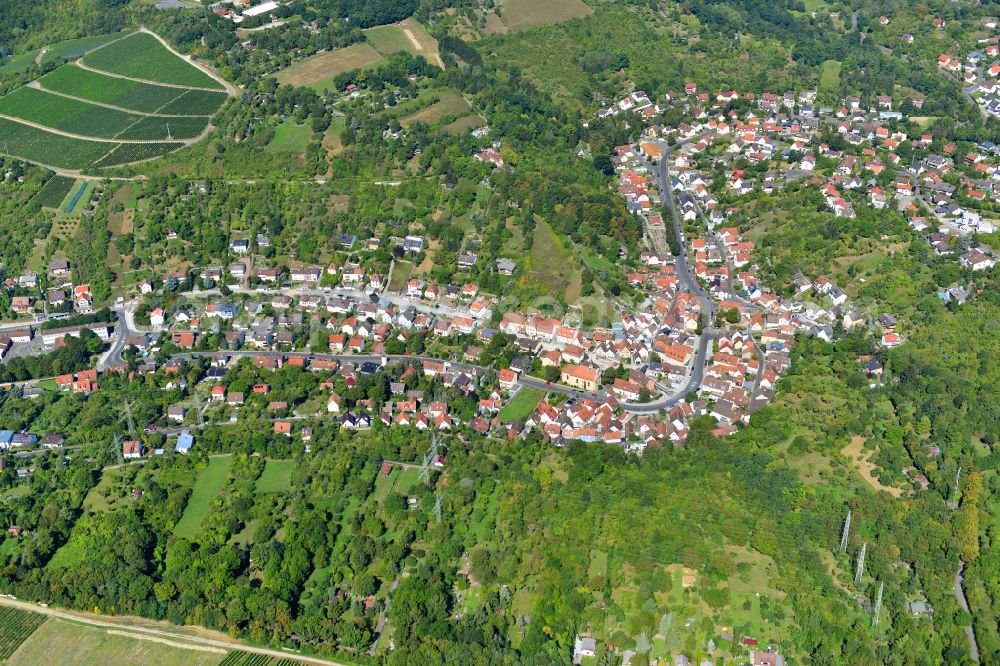 Unterdürrbach from the bird's eye view: Urban area with outskirts and inner city area surrounded by woodland and forest areas in Unterdürrbach in the state Bavaria, Germany