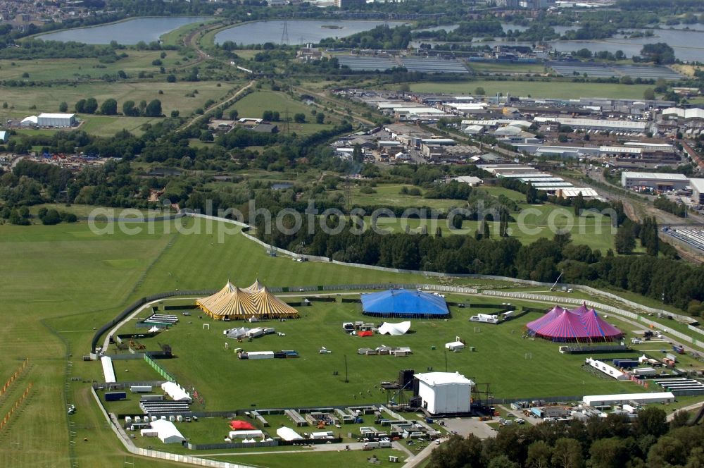 Aerial image London - Preparations for the festival BBC Radio 1´s Hackney Weekend 2012 on the largest football grounds in the world with 88 pitches in East London in Great Britain, England
