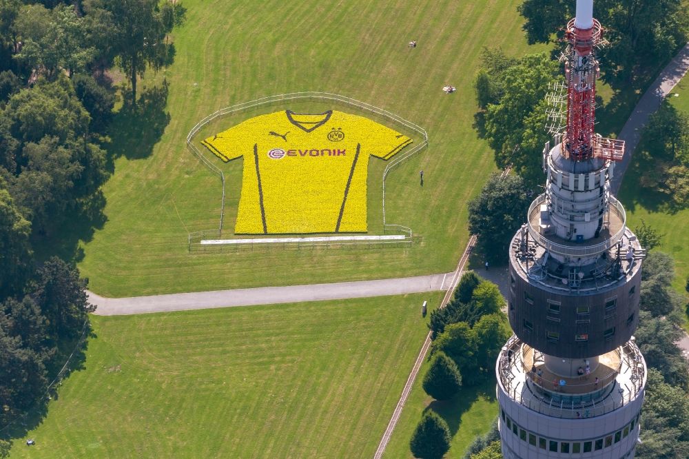 Dortmund from above - Presentation of the new jerseys in Westphalia park with views over the television tower Florian in Dortmund in North Rhine-Westphalia