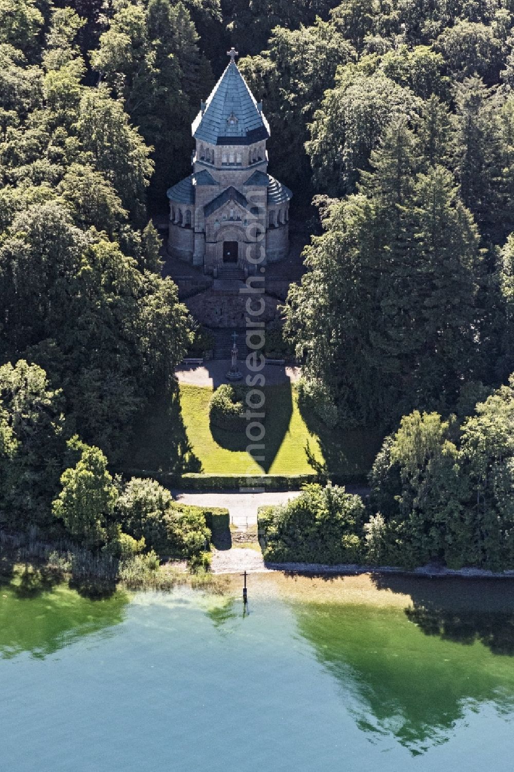 Aerial image Berg - Churches building the chapel St. Ludwig in Berg in the state Bavaria, Germany