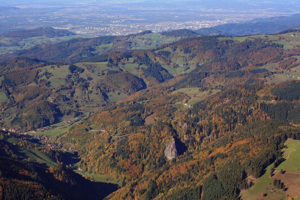 Münstertal/Schwarzwald from the bird's eye view: Rocky and mountainous landscape with the rock Scharfenstein in Muenstertal/Schwarzwald in the state Baden-Wuerttemberg, Germany