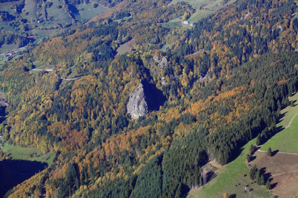 Aerial image Münstertal/Schwarzwald - Rocky and mountainous landscape with the rock Scharfenstein in Muenstertal/Schwarzwald in the state Baden-Wuerttemberg, Germany