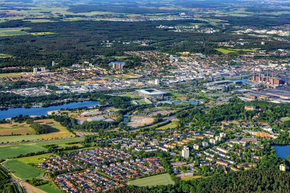 Wolfsburg from the bird's eye view: View of the VW - factory premises research & development of Volkswagen AG on street VW-Mittelstrasse in Wolfsburg in the state of Lower Saxony