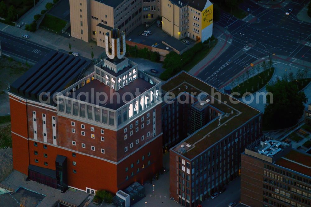 Aerial image Dortmund - Landmark Dortmunder U close to the city center of Dortmund in the Ruhr region in the state of North Rhine - Westphalia. The industrial complex and tower was originally home to the Union brewery. Today it is a culture, arts and creative hub and is home to the Museum Ostwall