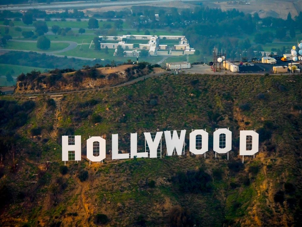 Aerial image Los Angeles - Landmark and cultural icon Hollywood sign on Mount Lee in Los Angeles in California, USA