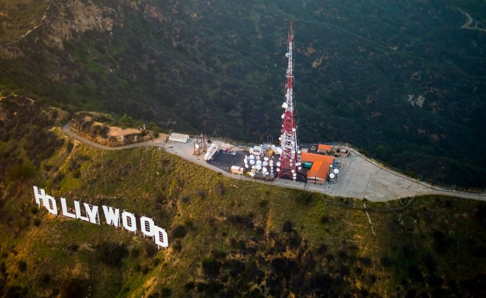 Aerial photograph Los Angeles - Landmark and cultural icon Hollywood sign on Mount Lee in Los Angeles in California, USA