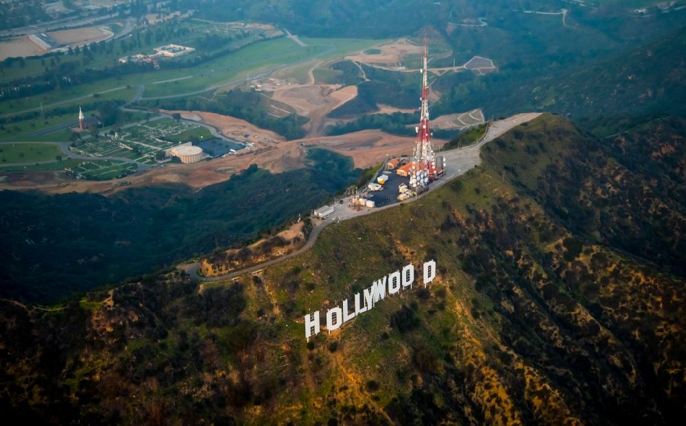 Los Angeles from the bird's eye view: Landmark and cultural icon Hollywood sign on Mount Lee in Los Angeles in California, USA