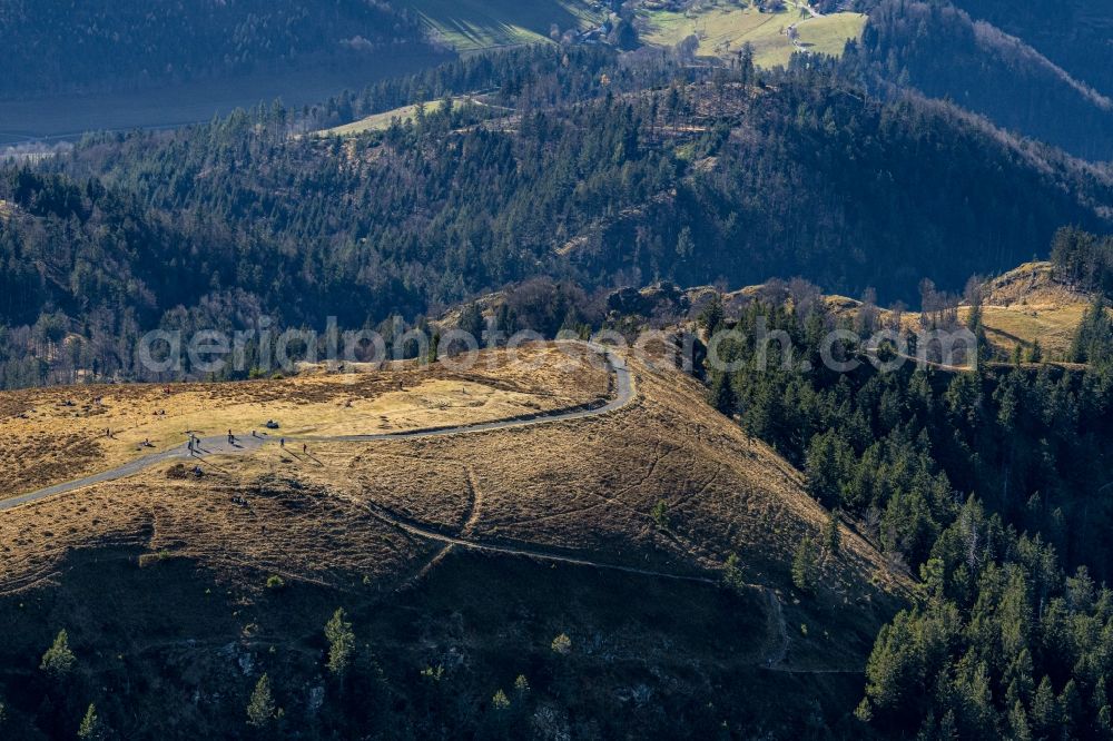 Schönenberg from the bird's eye view: Forest and mountain scenery with summit of Belchen in the Black Forest in Schoenenberg in the state Baden-Wurttemberg, Germany