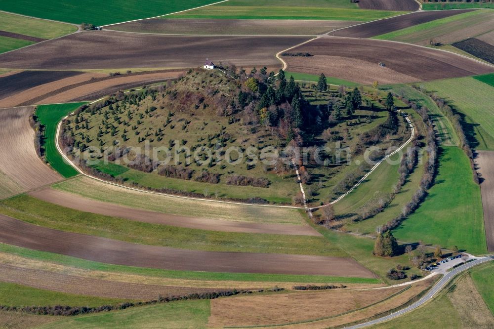 Aerial photograph Burladingen - Forest and mountain scenery of Kornbuehl with Kapelle in Burladingen in the state Baden-Wurttemberg, Germany