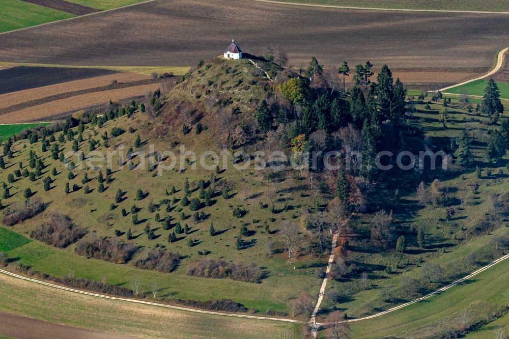 Burladingen from above - Forest and mountain scenery of Kornbuehl with Kapelle in Burladingen in the state Baden-Wurttemberg, Germany