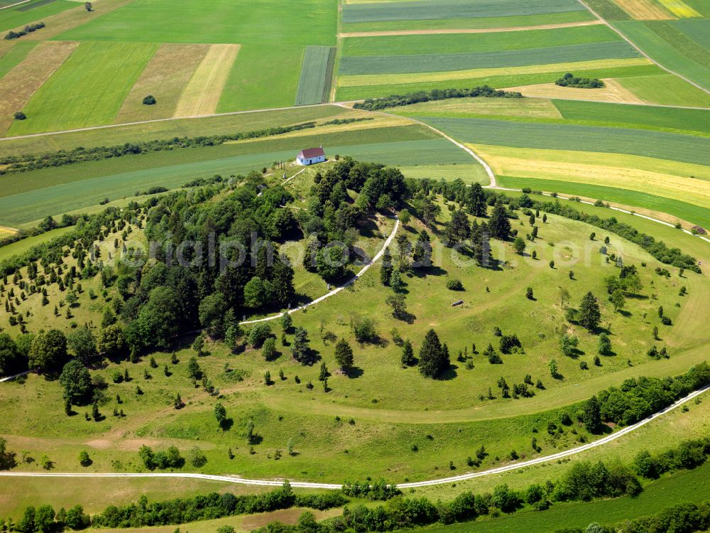 Aerial image Burladingen - Forest and mountain scenery of Kornbuehl with Kapelle in Burladingen in the state Baden-Wurttemberg, Germany