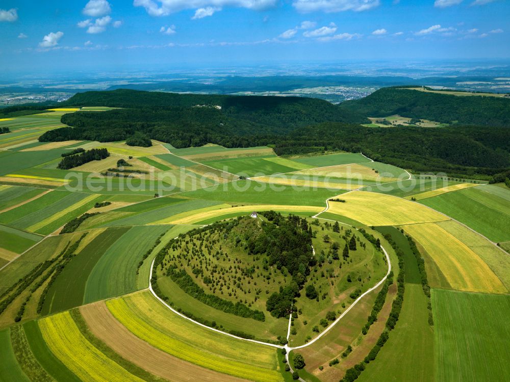 Burladingen from the bird's eye view: Forest and mountain scenery of Kornbuehl with Kapelle in Burladingen in the state Baden-Wurttemberg, Germany