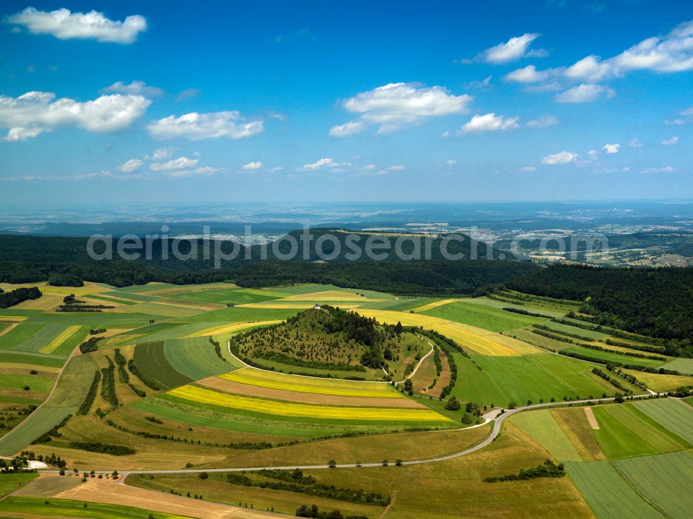 Aerial image Burladingen - Forest and mountain scenery of Kornbuehl with Kapelle in Burladingen in the state Baden-Wurttemberg, Germany