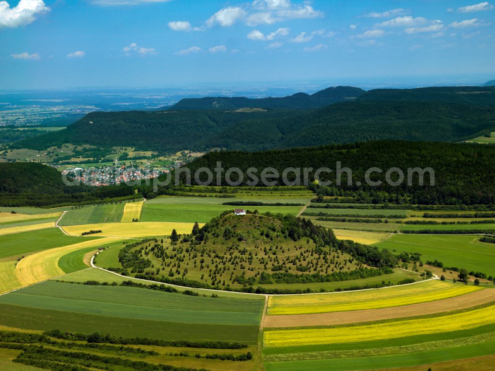 Aerial photograph Burladingen - Forest and mountain scenery of Kornbuehl with Kapelle in Burladingen in the state Baden-Wurttemberg, Germany