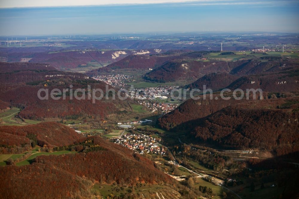 Bad Ditzenbach Gosbach from above - Forest and mountain scenery with autumnal coloring in the Swabian Alb in Bad Ditzenbach Gosbach in the state Baden-Wuerttemberg