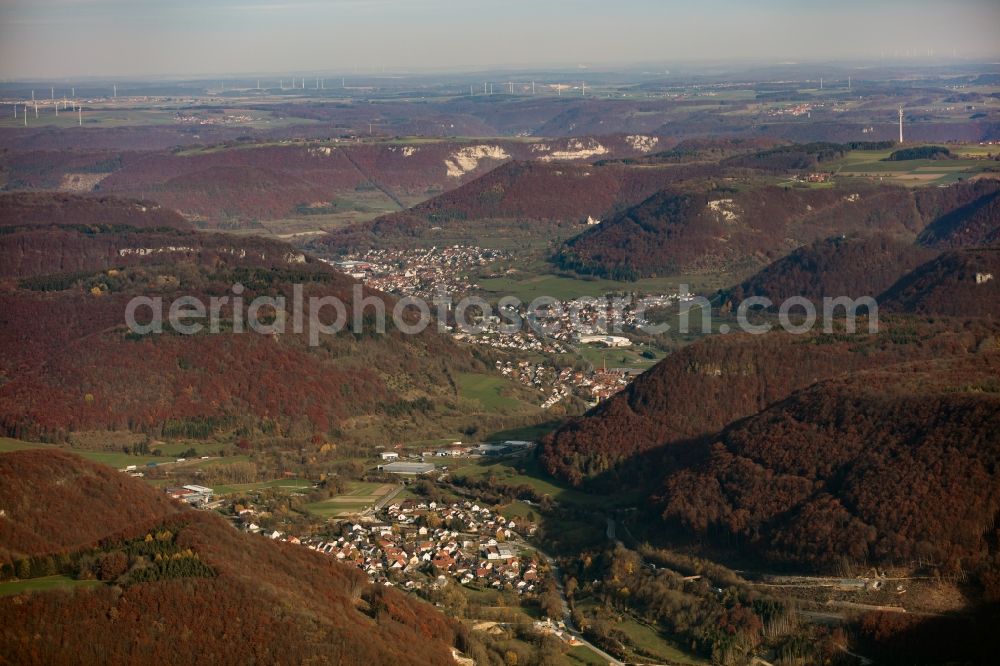 Bad Ditzenbach Gosbach from the bird's eye view: Forest and mountain scenery with autumnal coloring in the Swabian Alb in Bad Ditzenbach Gosbach in the state Baden-Wuerttemberg