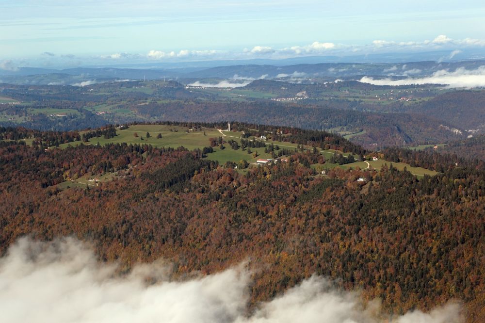 Aerial image Valbirse - Forest and mountain scenery in the Swiss Jura mountains near Valbirse in the canton Bern, Switzerland
