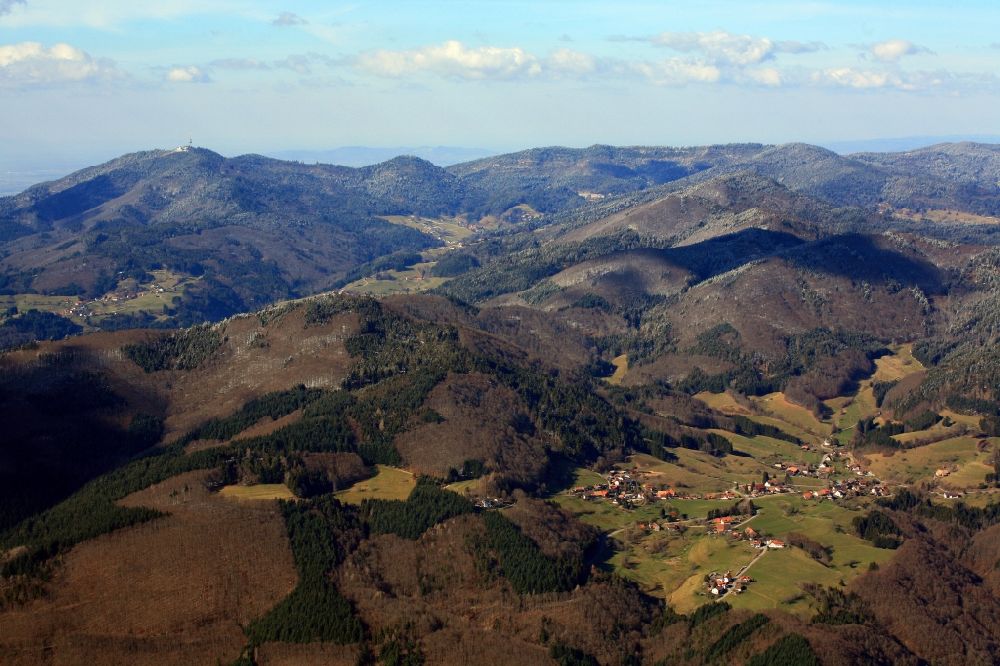 Steinen from above - Forest and mountain scenery in the Black Forest at the district Endenburg of the city Steinen in the state Baden-Wuerttemberg, Germany