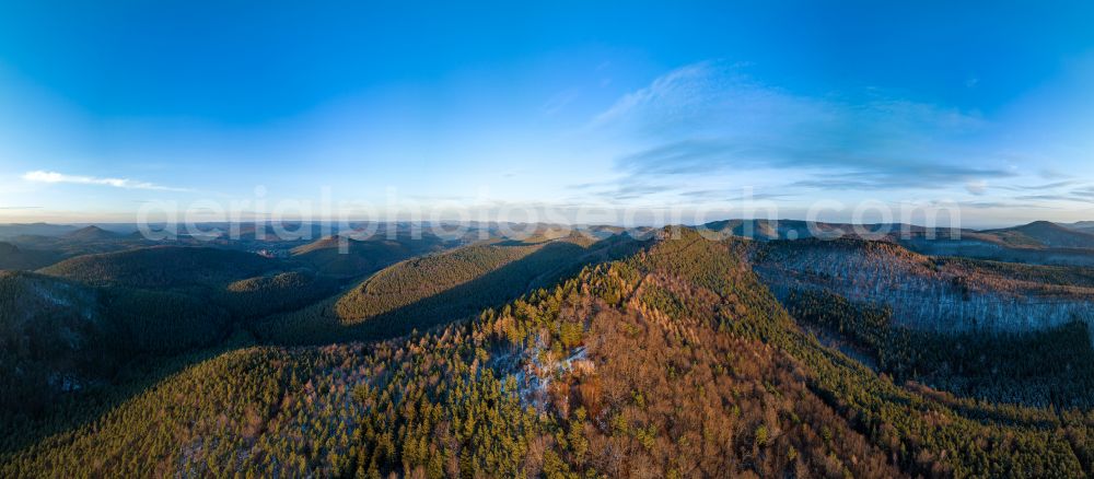 Aerial image Bobenthal - Forest and mountain landscape of the Wasgau in Bobenthal in the state Rhineland-Palatinate, Germany, panoramic view from the Hirzeck lookout point