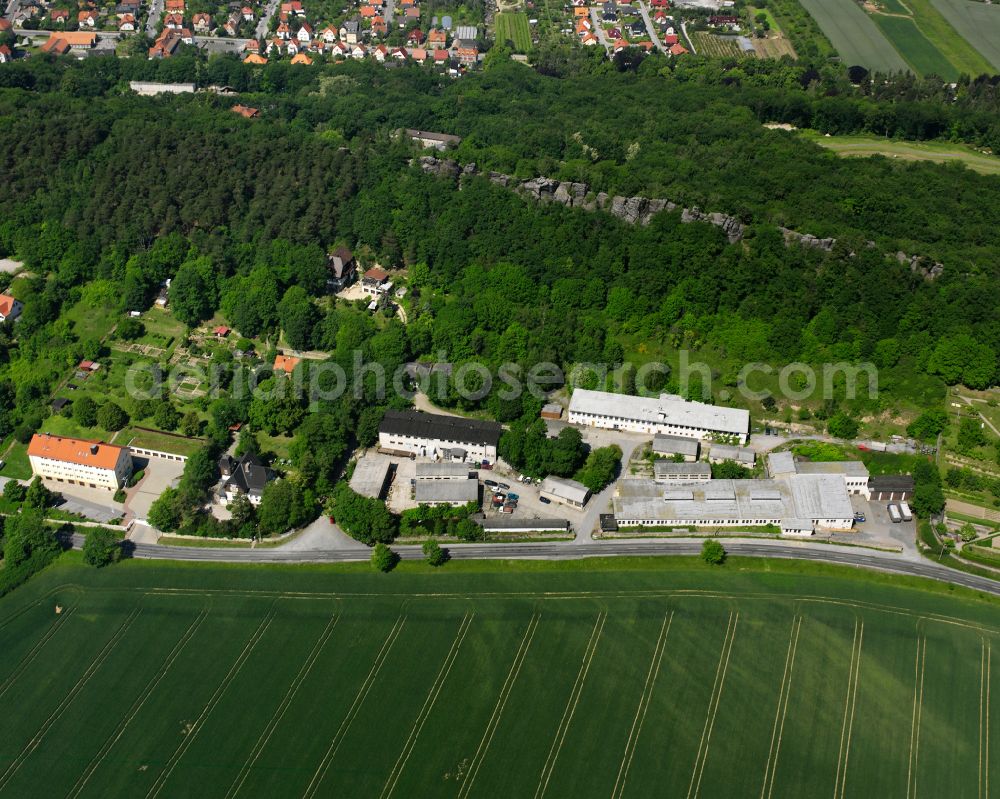 Blankenburg (Harz) from above - Industrial and commercial area in the middle of a wooded area in Blankenburg (Harz) in the state Saxony-Anhalt, Germany