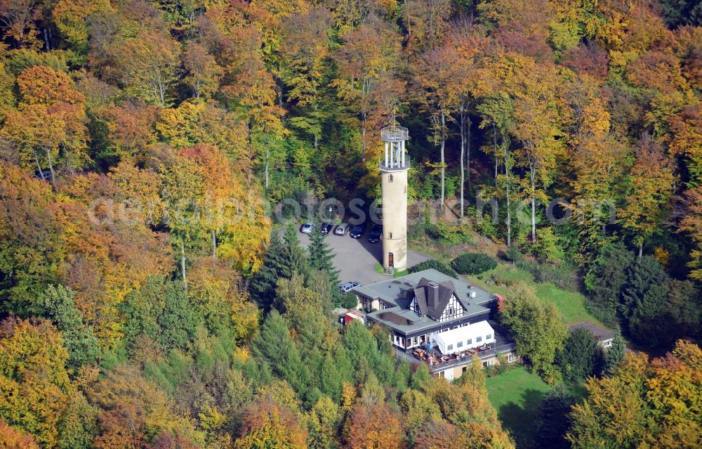 Aerial photograph Lemgo - View of the woodland restaurant and the observation towerin Lemgo in the state North Rhine-Westphalia. Located in the idyllic city forest in Lemgo, you can celebrate family events, birthdays, wedding and parties in the tower