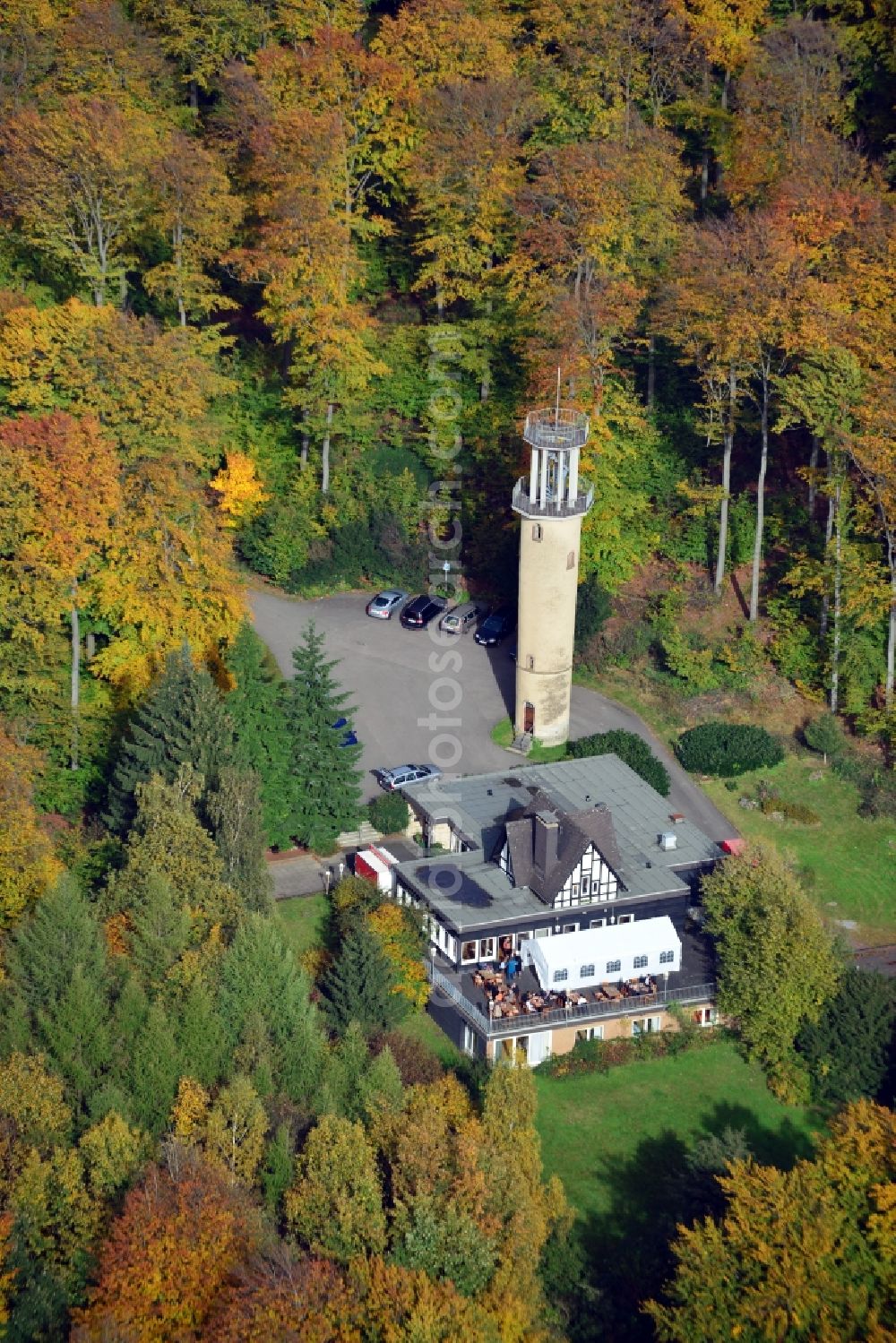 Lemgo from above - View of the woodland restaurant and the observation towerin Lemgo in the state North Rhine-Westphalia. Located in the idyllic city forest in Lemgo, you can celebrate family events, birthdays, wedding and parties in the tower