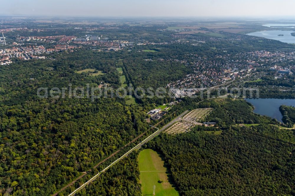 Leipzig from above - Forest area in the Landschaftspark Cospuden in the district Connewitz in Leipzig in the state Saxony, Germany